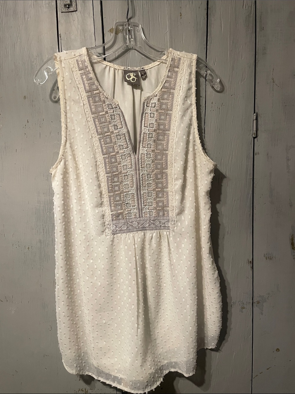 Anthropologie Ivory Sleeveless Tunic with Embroidered Placket